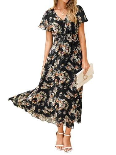 Simplee Womens Floral Maxi Dress - Short Sleeve Summer Boho Wedding Guest Dress Empire Waist Chiffon Modest Midi Dresses Black,XL - Image 1
