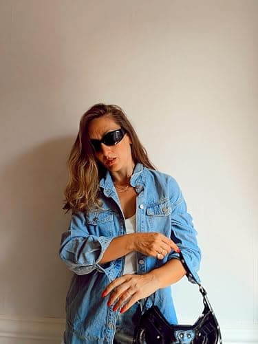 Dokotoo Womens Washed Boyfriend Oversized Lapel Button Up Long Sleeve Denim Trucker Jacket Distressed Ripped Denim Jackets Fashion Distressed Jean Jacket for Women with Pockets, (US 8-10) M,Sky Blue - Image 4