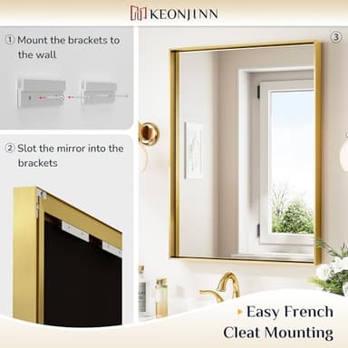 Keonjinn Brushed Shiny Gold Bathroom Mirror 22 x 30 Inch, Rectangle Gold Vanity Mirror for Wall, Aluminum Alloy Metal Framed, Modern Farmhouse, Square Corner, Brass Mirrors for Over Sink - Image 5