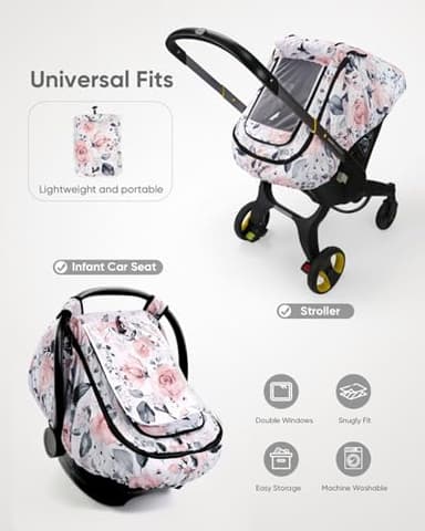 Sweetwavet Car Seat Cover Baby Girls, Infant Car Seat Canopy Outdoor, 2 Layers with Mesh and Sun Shade Window for Summer Winter, Easy Access Carseat Covers Snug Fit Baby Stroller - Pink Floral - Image 5
