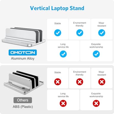 OMOTON Vertical Laptop Stand [Updated Double Version], Desktop Aluminum Mac Book Stand with Adjustable Dock Size, Fits All Mac Book, Surface, Chrome Book and Gaming Laptops (Up to 17.3 inch) (Silver) - Image 2
