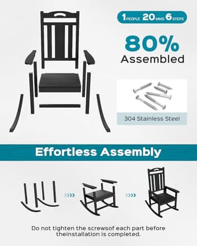 Oversized Rocking Chair Outdoor, HDPE Poly Rocking Chair, All Weather Porch Rocker for Deck Patio Balcony, 380lbs, Black - Image 7