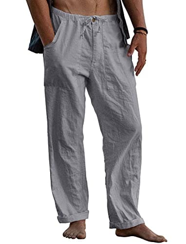 Gafeng Mens Linen Pants Yoga Beach Loose Fit Casual Summer Elastic Waist Drawstring Baggy Trousers with Pockets Gray - Image 1