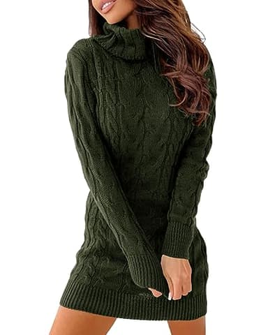 Langwyqu Womens Cable Knit Sweater Dress Sexy Long Sleeve Bodycon Turtleneck Mini Fall Sweaters Dresses Army Green - Image 1