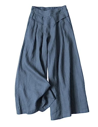 Hooever Women's Cotton Linen Culottes Pants Elastic Waist Wide Leg Palazzo Trousers Capri Pant (Blue-L) - Image 1