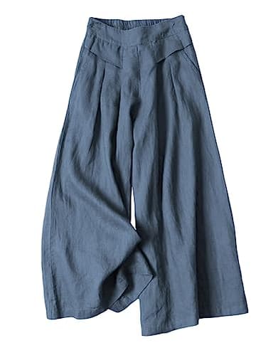 Hooever Women's Cotton Linen Culottes Pants Elastic Waist Wide Leg Palazzo Trousers Capri Pant (Blue-L) - Image 1