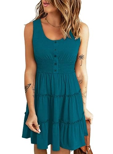 Dokotoo Women's Casual Dresses Summer Dresses for Women 2025 Button Down Smocked Dress Ruffle Tiered Soft Sleeveless A Line Swing Mini Short Cute Dress Hawaiian Sundress Vacation Blue Large - Image 1