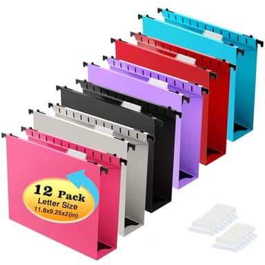 Shutex Extra Capacity Plastic Hanging File Folder,12 Pack Reinforced Hang Folders Letter Size,Heavy Duty 2 Inch Expansion,Filing Cabinet Folders,for Bulk Files, Medical Charts,Assorted Colors - Image 1