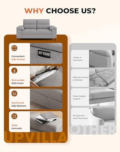 Upvilla 71.25" Modern Couches for Living Room, Deep Seat Sofa with 8” Cushion, Comfy 2-Seater Chenille Loveseat with Convertible Armrest, Removable Sofa Cover, High Leg(Light Gray) - Image 6