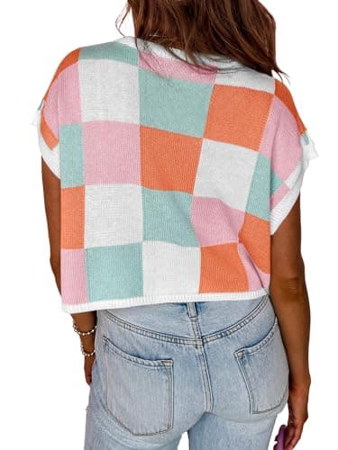 Saodimallsu Womens Cap Sleeve Crop Tops Summer Color Block Going Out Crew Neck Knit Trendy Casual Sweater A-Pink - Image 4
