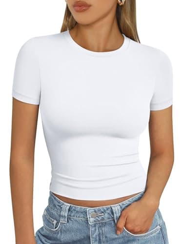 AUTOMET Womens Short Sleeve T Shirts Basic Summer 2025 Workout Tops Crew Neck Gym Crop Tops Trendy Y2K Clothes White M - Image 1