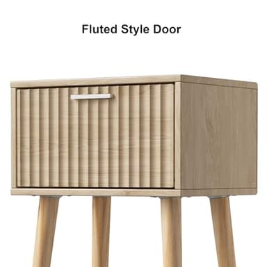 LAATOOREE Nightstands Set of 2, Small Side Table, Bedside Table with Fluted Door, Solid Wood Feet; Modern Mid-Century End Table for Bedroom, Small Space (Natural) - Image 6