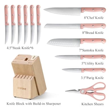 CAROTE 14 Pieces Knife Set with Block, Forged, High Carbon Stainless Steel Sharp Blade Block Knife Set, Dishwasher Safe Cutlery, Sandstone Pink - Image 3