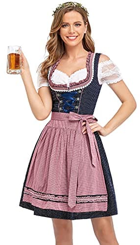 HiZiTi Oktoberfest Costumes Women Dirndl Dresses 3 Pcs German Oktoberfest Dresses Bavarian Costume Beer Carnival Outfits with Blue Dirndl Dress White Blouse Pink Detachable Apron M - Image 1