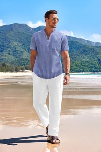 COOFANDY Men's 2 Pieces Cotton Linen Set Henley Shirts Short Sleeve And Casual Beach Pants With Pockets Summer Yoga Outfits - Image 2