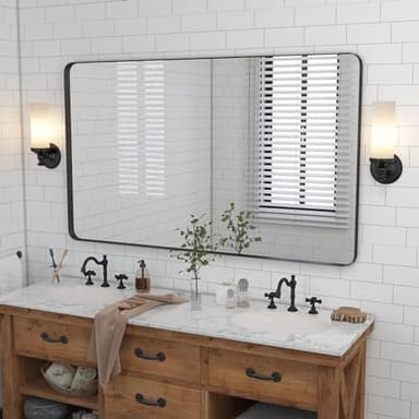 VocalStar Black Metal Framed Bathroom Mirror for Wall, 48 x 36 Inch Large Rounded Rectangle Matte Black Bathroom Vanity Mirror Farmhouse, 1/4-inch Shatterproof Glass | Ultra-Flush Hanging - Image 6
