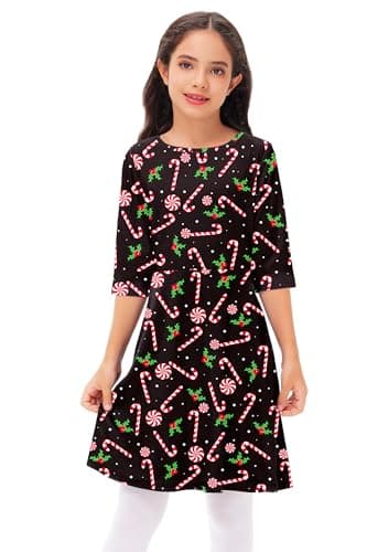 Little Girl Christmas Dress Candy Cane Printed Outfit Xmas Swing Black Dresses 3-4 Years - Image 6