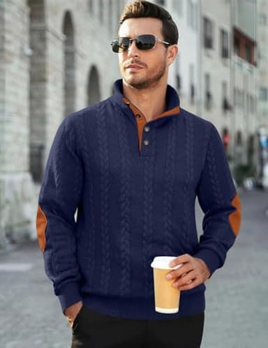 QOSOQ Men's Cable Knit Pullover Sweater Casual Long Sleeve Stand Collar Quarter Button Knitted Sweatshirts Quilted Sweatshirt Navy - Image 3