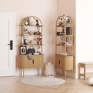 71" Tall Fluted Arched Bookshelf with Sliding Tambour Doors, Mid Century Modern Metal Curved Bookshelf Cabinet with Storage, 4-Tier Open Display Storage Shelf for Home Office, Living Room (Natural) - Image 8