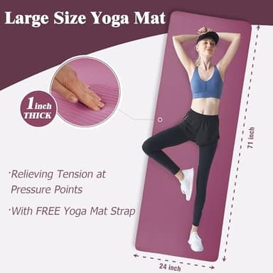 Yoga Mat 1-Inch Extra Thick High-Density Exercise Mat with Non-Slip Surface & Carry Strap for Men & Women Tear-Resistant Pilates Workout Mat for Home Gym, Floor Fitness, Deep Wine - Image 2