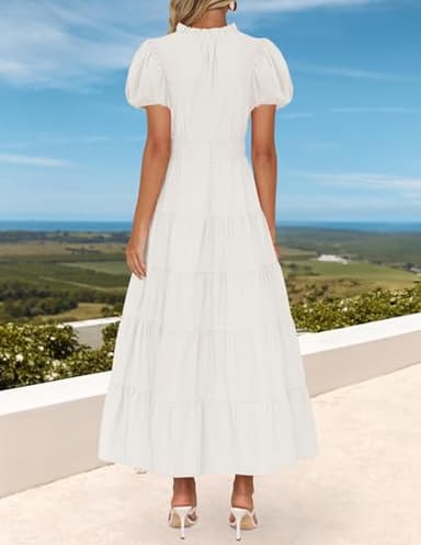 ZESICA Women's Summer Casual Maxi Dress 2025 Puff Short Sleeve V Neck Ruffle Tiered Flowy Boho Beach Dresses,White,Medium - Image 3