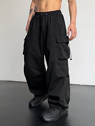 ZAFUL Flat Pocket Parachute Pants for Men Causal Baggy Cargo Pants Unisex Street Y2K Pants Drawstring Trousers Black XL - Image 4