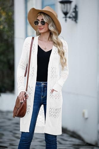 GRECERELLE Womens Lightweight Summer Long Cardigans Long Sleeve Casual Crochet Open-Front Sweater with Pockets, White, Large - Image 4