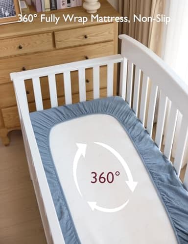 Momcozy Muslin Fitted Mini Crib Sheets, 38''x26'', 2 Pack Soft Breathable Natural Cotton Baby Mattress Sheet, 360° Mattress Wrapping No Slip Boys Girls Neutral Toddler Bed Sheet, Blue Star Moon - Image 6
