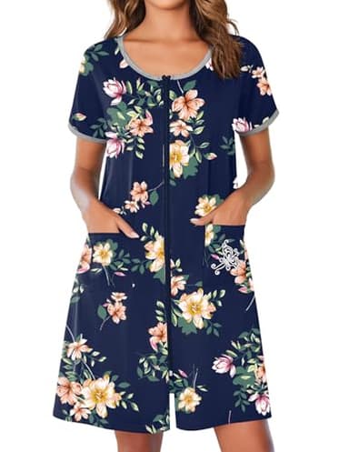 Ekouaer Zip Up Robes for Women Short Sleeves Zipper House Coat Short Bathrobes Lightweight Nightgown with Pockets S-3XL - Image 1
