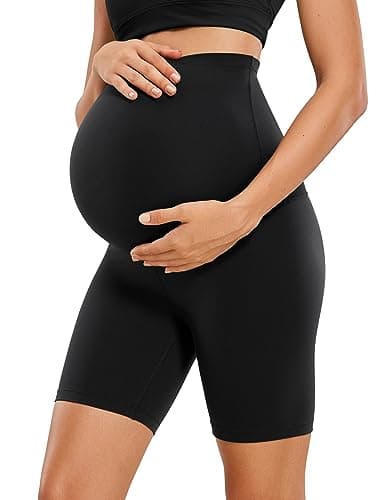 CRZ YOGA Womens Butterluxe Maternity Biker Shorts Over The Belly 6" - Pregnancy Yoga Workout Activewear Black Medium - Image 1