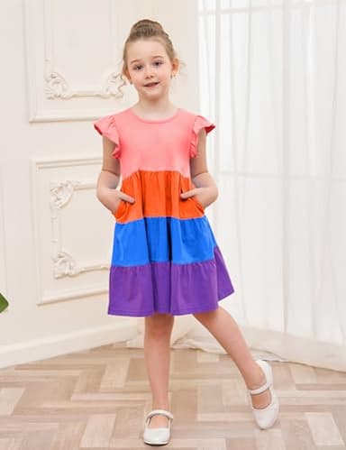 Toddler Girl Dress Summer Cotton Ruffle Short Sleeve Tiered Swing Twirly Casual Sundress Dresses for Girls Clothes Clothing with Pockets Red Color Block 4t - Image 3