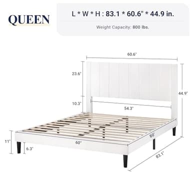 Allewie Queen Bed Frame/Velvet Upholstered Bed Frame with Vertical Channel Tufted Headboard/Strong Wooden Slats/Platform Bed Frame/Mattress Foundation/Box Spring Optional/Easy Assembly/White - Image 2