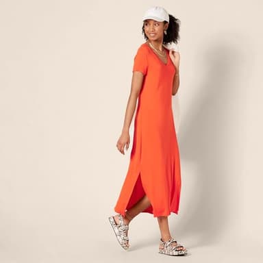 Amazon Essentials Women's Jersey V-Neck Short Sleeve Midi Length Dress, Coral Orange, Small - Image 5
