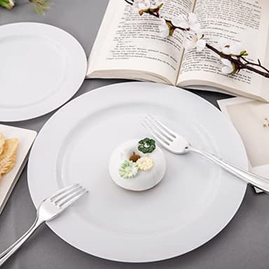 FLOWERCAT 60PCS White Plastic Plates - Heavy Duty White Disposable Plates for Birthday Party/Wedding -serve for 30 guests Include 30PCS 10.25" Dinner Plates & 30PCS 7.5" Dessert Plates for Party - Image 5