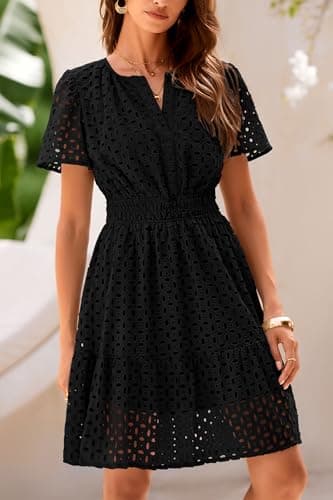 PRETTYGARDEN Womens 2025 Summer Short Dress V Neck Short Sleeve A Line Hollow Out Lace Ruffle Cute Casual Beach Party Dresses (Black,X-Large) - Image 4