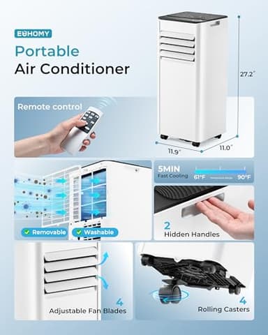 EUHOMY 10,000 BTU Portable Air Conditioners Up to 450 sq.ft, 3-1 Standing Smart Cooling AC with Remote, Dehumidifier, Fan, Air Conditioner Cools Room, 3 Modes, 24-hour timer, LED Display, Bedroom - Image 8