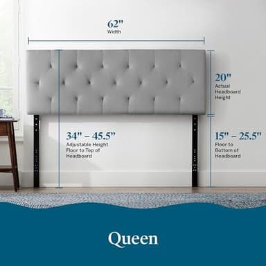 Lucid Mid-Rise Upholstered Headboard - Diamond Tufted - Padded Polyester - Adjustable Height from 34” to 46” - Easy Assembly - Bed Frame or Wall Mount - Sturdy - Stone - Queen Size - Image 2