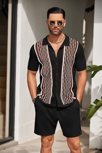COOFANDY Men's 2 Pieces Short Set Short Sleeve Vintage Button Down Shirts and Summer Pants Casual Beach Outfits - Image 2