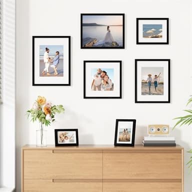 Vittanly 8x10 Picture Frames Set of 9, Shatter Resistant Plexiglass, Display 5x7 Pictures with Mat or 8x10 without Mat, Photo Frames for Wall or Tabletop, Engineered Wood, Black - Image 5