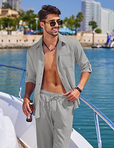COOFANDY Men's 2 Piece Linen Sets Casual Long Sleeve Button Down Cuban Shirt and Loose Pants Set Beach Vacation Outfits - Image 2