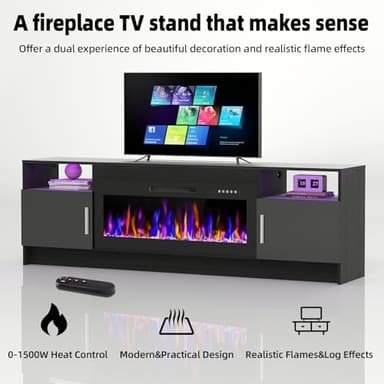 Ludatido 70 Inch TV Stand with 36 inch Electric Fireplace 27 LED Light Entertainment Center for TVs Up to 80" Black Modern Wood Media TV Console with Highlight Cabinet for Living Room Black - Image 2
