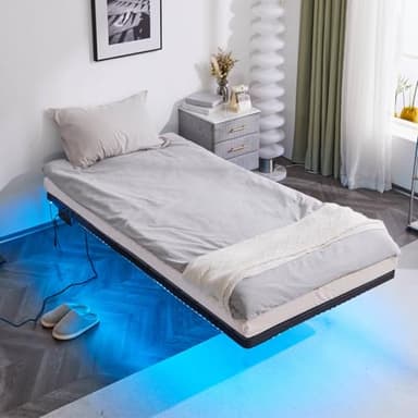 VINGLI Twin Floating Bed Frame with USB Charging Station/LED Lights, 14'' Platform Bed Frame Twin Size Heavy Duty Metal Bed, No Box Spring Needed,Black - Image 1