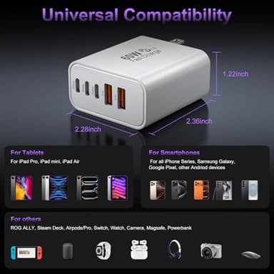 USB C Fast Wall Charger Block, 2Pack 60W USBC Charging Cubes, 5-Port PD+QC Power Adapter Multiport Brick Type C Box Plug for iPhone 17/16/15/14/13/12/11/Pro Max/Plus/Air, iPad mini/Pro,Galaxy S25/S24 - Image 6