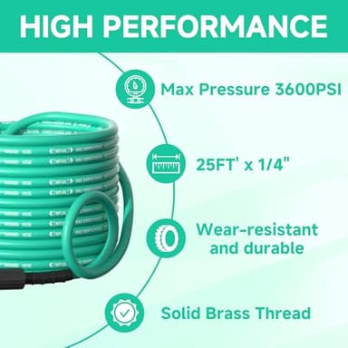 Flexible Pressure Washer Hose 25FT X 1/4",Kink Resistant,3600 PSI Pressure Washing Hose,Heavy Duty Power Washer Hose,M22 to 3/8" Quick Connect Couplers for Extension Replacement Hose, 7 Accessories - Image 2