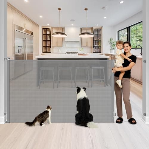 48" Extra Tall Retractable Baby Gates 72" Wide Retractable Pet Gate - No Jump, Indoor Long Dog Gate Mesh Baby Gate Retractable Outdoor Gate, 4 Feet Extra Tall Dog Gate, Gray - Image 1