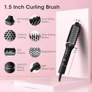 CINOSTAR Heated Round Brush for Hair Straightener, Curler, and Volumizer, 1.5 inch Curling Styler, Negative Ion Thermal Brush, with 6 Temp Settings, Fast Heating, Dual Voltage for Travel, Silver - Image 3