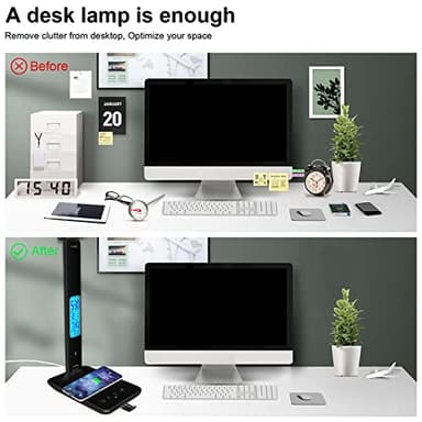 Desk Lamp with Wireless Charger，USB Charging Port, Dimmable Office Desk Light with Clock, Alarm, Date, Temperature, Foldable Lamp for Table Bedroom Bedside Office (Black, Standard Size-13.3 inch) - Image 2