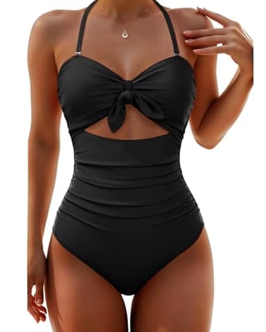 Tempt Me Women Black Sexy Cutout One Piece Swimsuits Tummy Control High Waisted Halter Front Tie Knot Bathing Suit XXS - Image 1