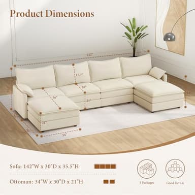 Vesgantti 142" U Shaped Sectional Couch, Comfy Cloud Modular Sectional Sofa with 2 Ottoman Deep Seat Chenille Modern Cloud Sofa, Modular Sofas for Living Room, Bedroom and Apartment, Beige - Image 2