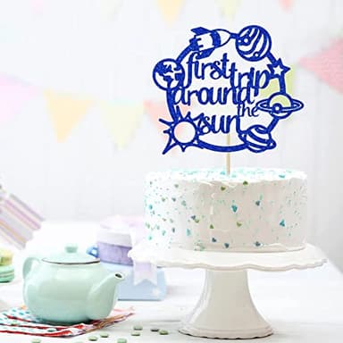 CHANGCAO First Trip Around The Sun Cake Topper Happy Birthday Toppers for Outer Space Theme Party Decorations Baby 1st Birthday, One Year Old Supplies Rocket Galaxy Planet Kids blue flash - Image 2